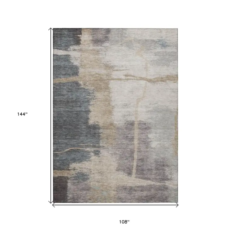 9' X 12' Gray Charcoal And Beige Abstract Washable Indoor Outdoor Area Rug