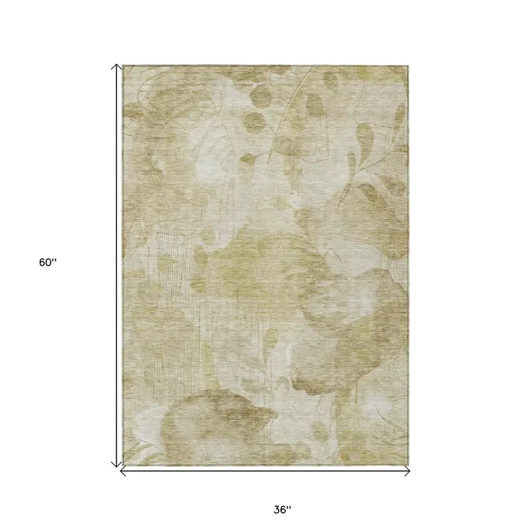 3' X 5' Beige Tan And Ivory Floral Washable Indoor Outdoor Area Rug