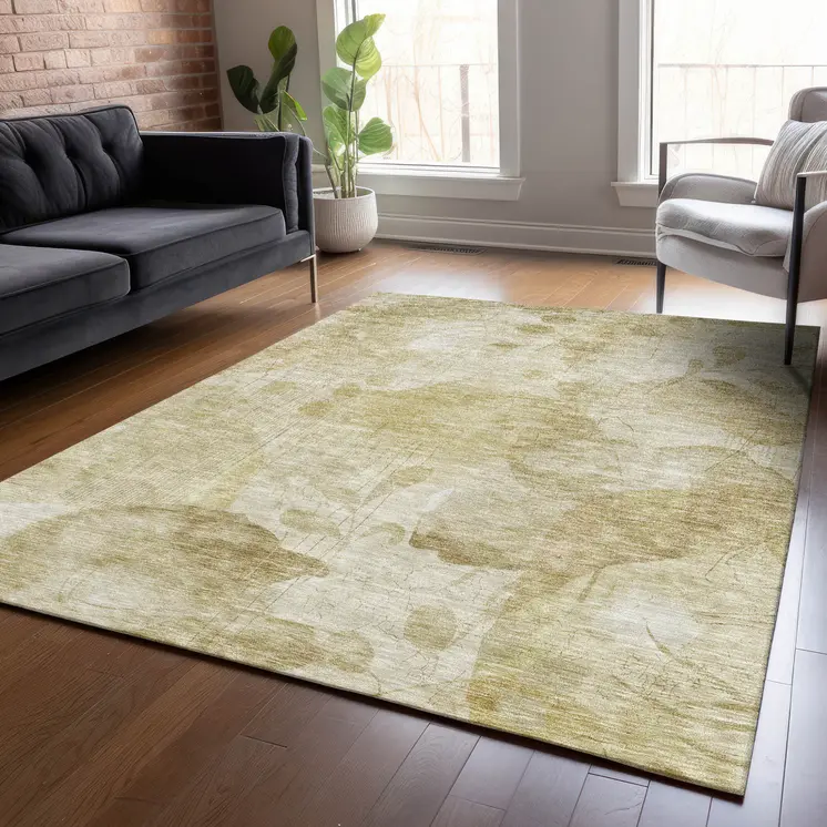 3' X 5' Beige Tan And Ivory Floral Washable Indoor Outdoor Area Rug