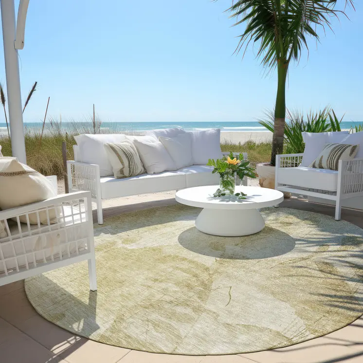 8' Beige Tan And Ivory Round Floral Washable Indoor Outdoor Area Rug