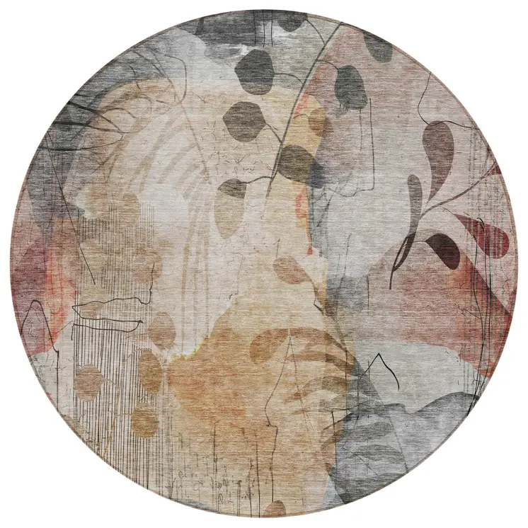8' Terra Cotta Copper And Beige Round Floral Washable Indoor Outdoor Area Rug