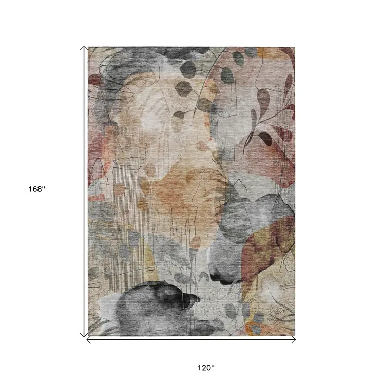 10' X 14' Terra Cotta Copper And Beige Floral Washable Indoor Outdoor Area Rug