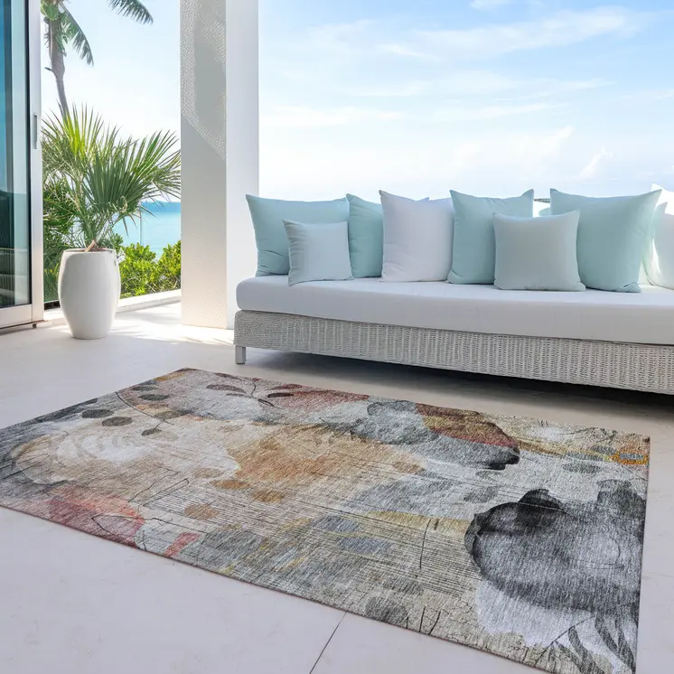 10' X 14' Terra Cotta Copper And Beige Floral Washable Indoor Outdoor Area Rug