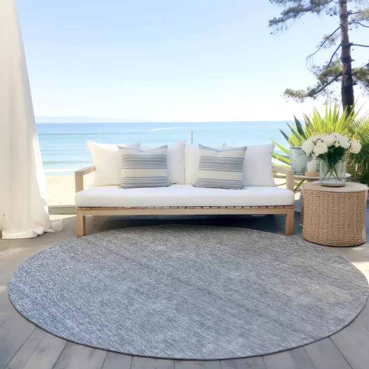 8' Denim Blue And Gray Round Ombre Washable Indoor Outdoor Area Rug