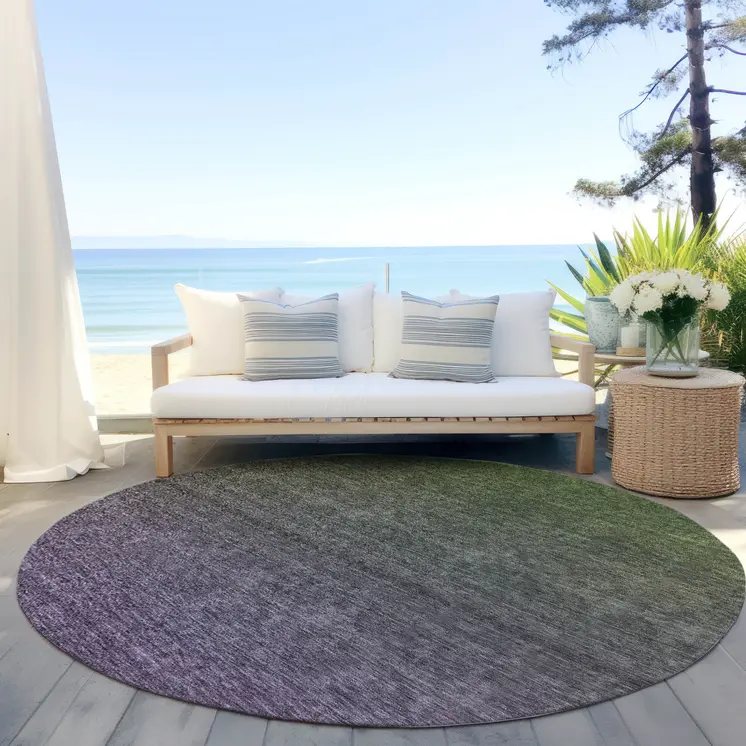 8' Purple Charcoal And Green Round Ombre Washable Indoor Outdoor Area Rug