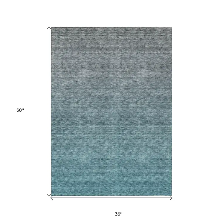 3' X 5' Teal Blue Gray And Charcoal Ombre Washable Indoor Outdoor Area Rug