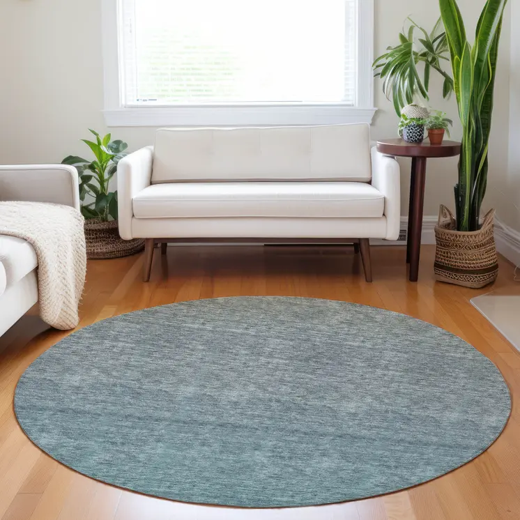 8' Teal Blue Gray And Charcoal Round Ombre Washable Indoor Outdoor Area Rug