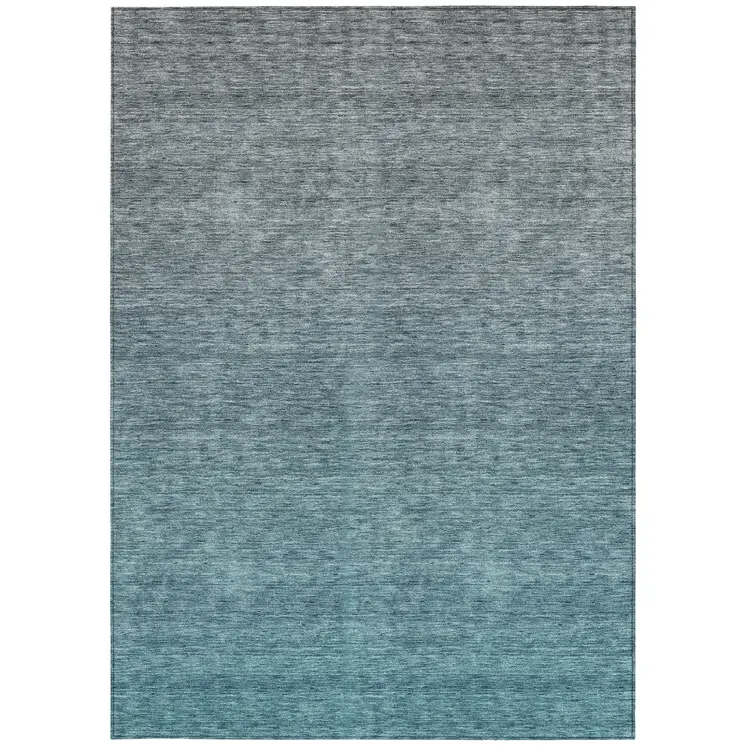 8' X 10' Teal Blue Gray And Charcoal Ombre Washable Indoor Outdoor Area Rug