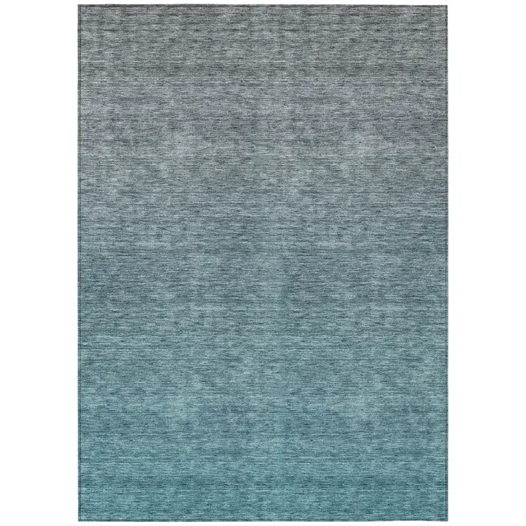 9' X 12' Teal Blue Gray And Charcoal Ombre Washable Indoor Outdoor Area Rug