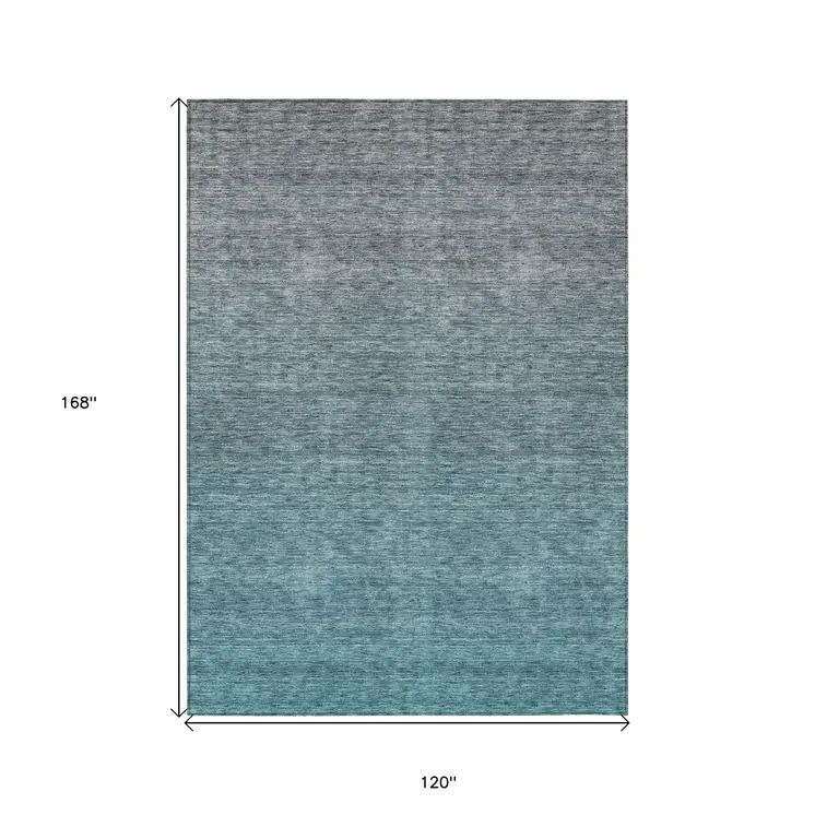 10' X 14' Teal Blue Gray And Charcoal Ombre Washable Indoor Outdoor Area Rug