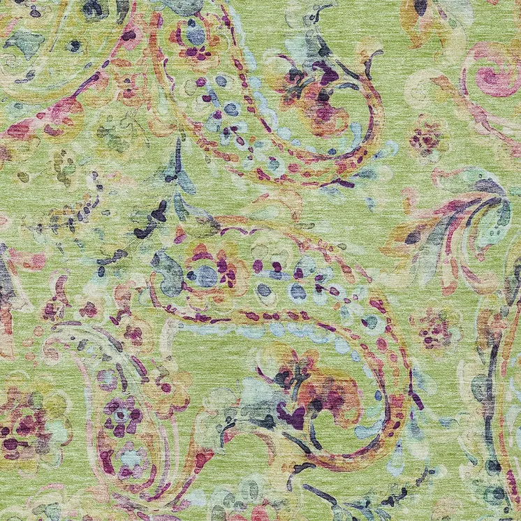 3' X 5' Artichoke Green And Pink Paisley Washable Indoor Outdoor Area Rug