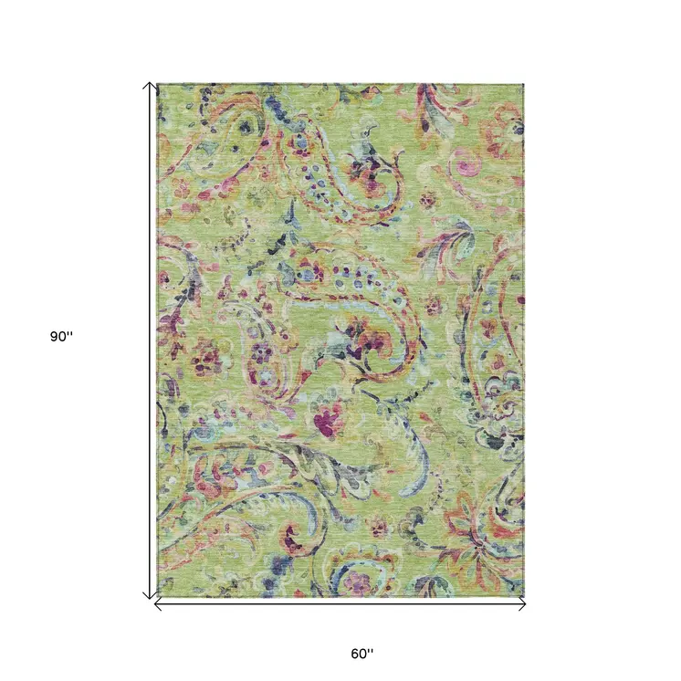 5' X 8' Artichoke Green And Pink Paisley Washable Indoor Outdoor Area Rug