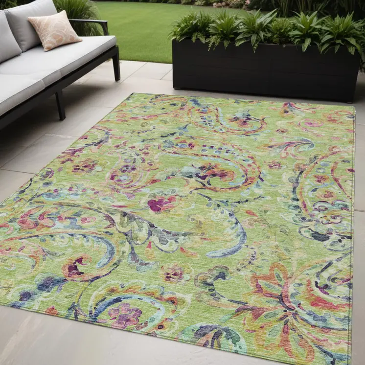 5' X 8' Artichoke Green And Pink Paisley Washable Indoor Outdoor Area Rug