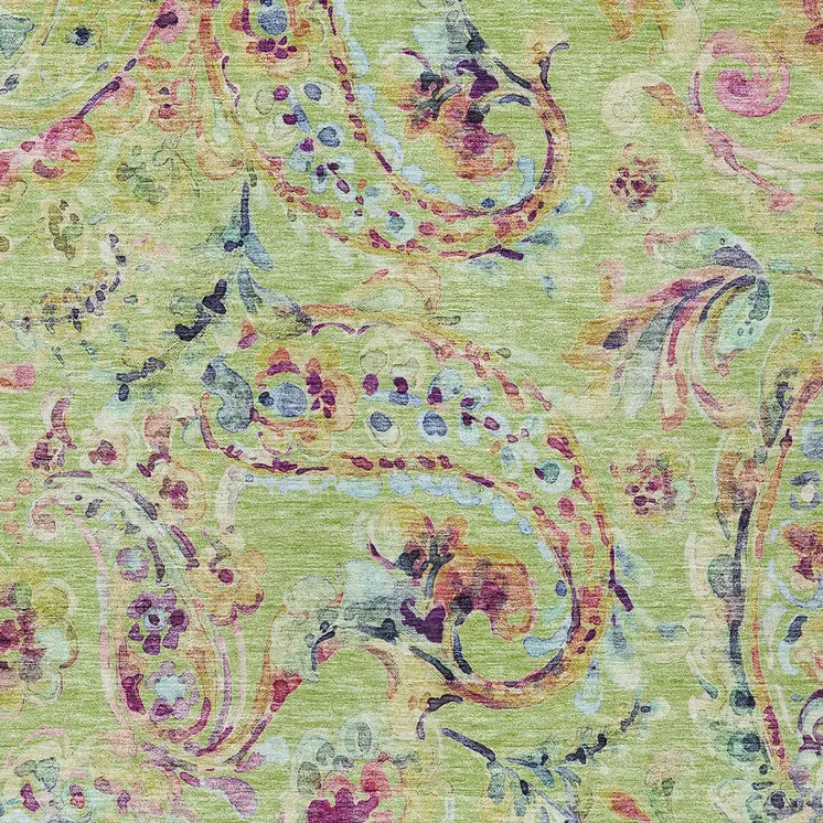 5' X 8' Artichoke Green And Pink Paisley Washable Indoor Outdoor Area Rug