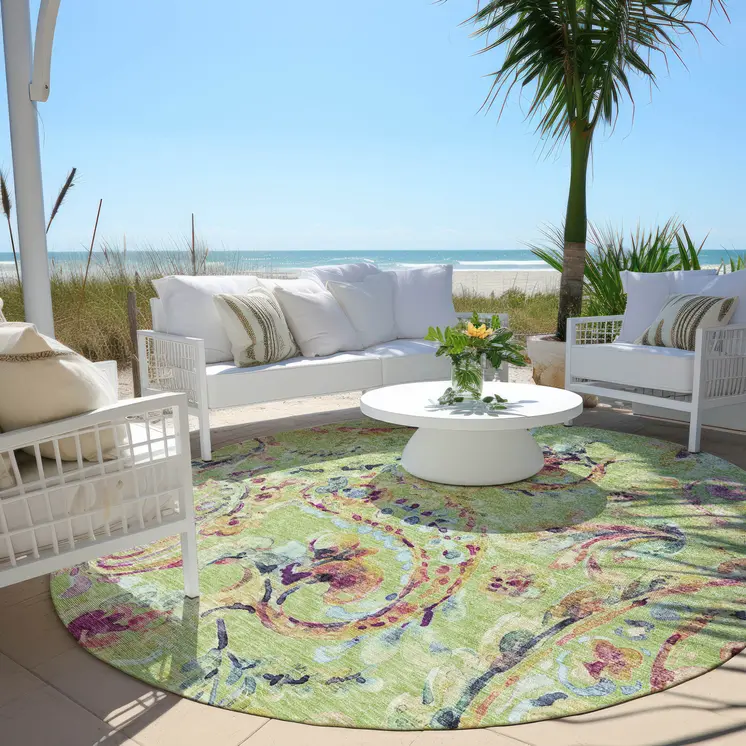 8' Artichoke Green And Pink Round Paisley Washable Indoor Outdoor Area Rug