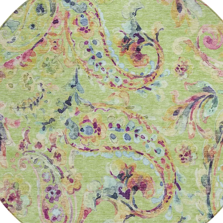 8' Artichoke Green And Pink Round Paisley Washable Indoor Outdoor Area Rug