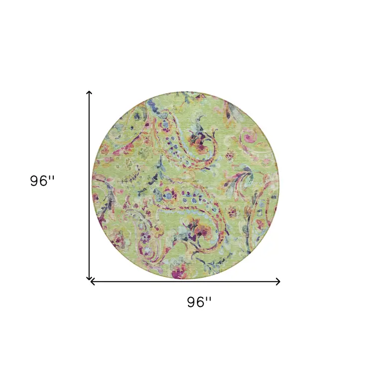 8' Artichoke Green And Pink Round Paisley Washable Indoor Outdoor Area Rug
