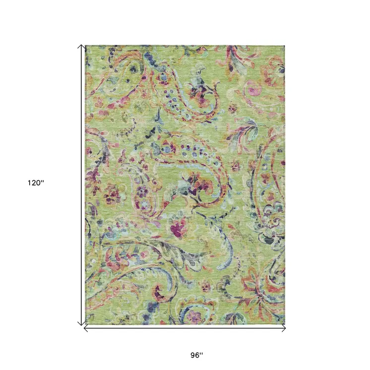 8' X 10' Artichoke Green And Pink Paisley Washable Indoor Outdoor Area Rug