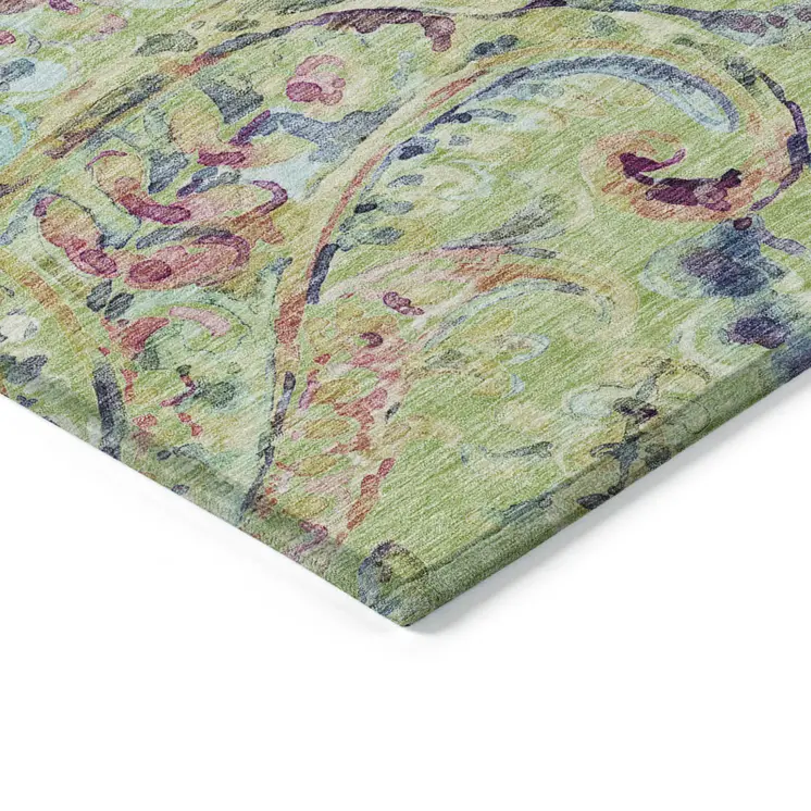 8' X 10' Artichoke Green And Pink Paisley Washable Indoor Outdoor Area Rug