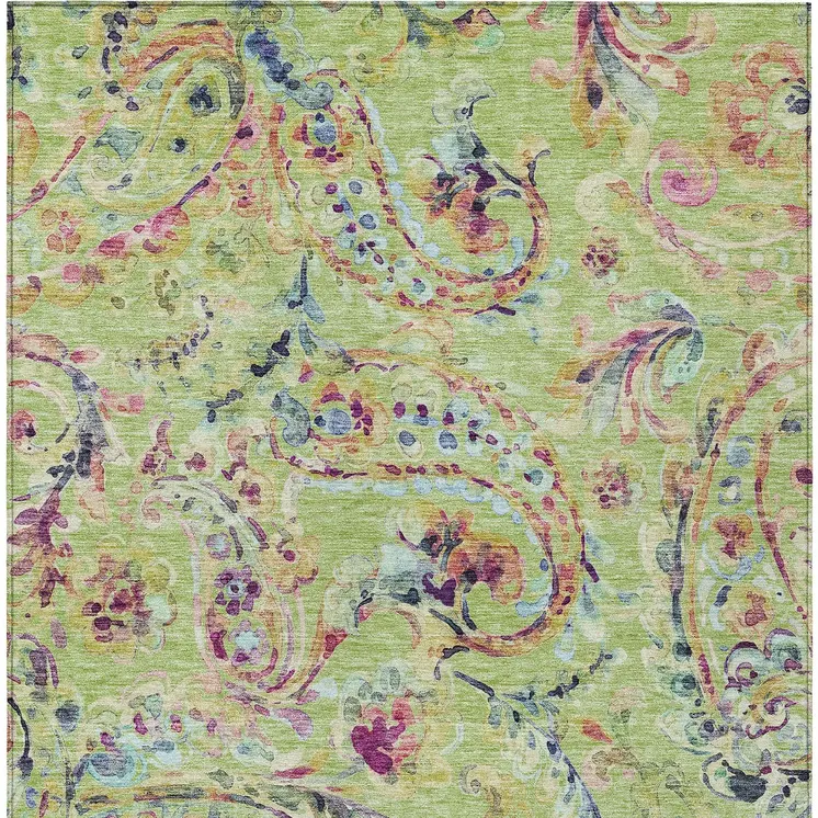 8' X 10' Artichoke Green And Pink Paisley Washable Indoor Outdoor Area Rug