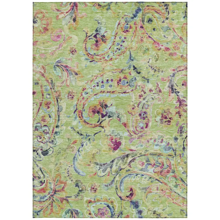 10' X 14' Artichoke Green And Pink Paisley Washable Indoor Outdoor Area Rug