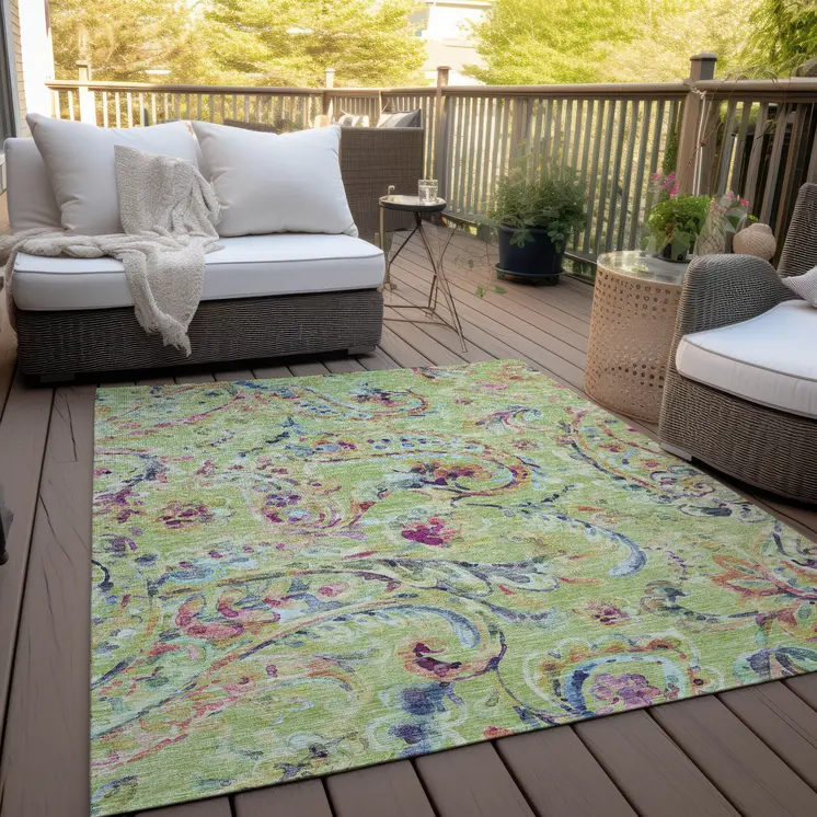 10' X 14' Artichoke Green And Pink Paisley Washable Indoor Outdoor Area Rug