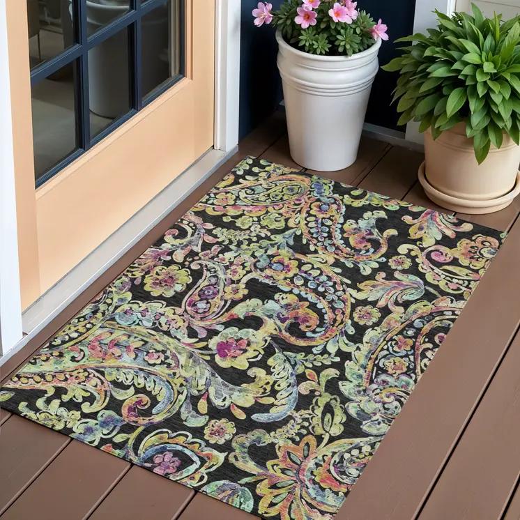 3' X 5' Black And Artichoke Green Paisley Washable Indoor Outdoor Area Rug