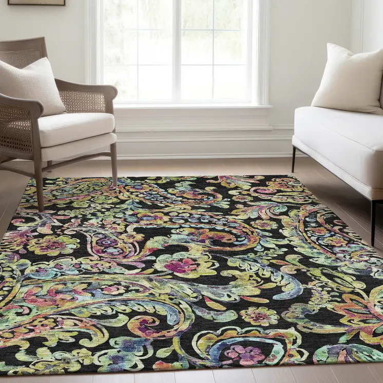 3' X 5' Black And Artichoke Green Paisley Washable Indoor Outdoor Area Rug