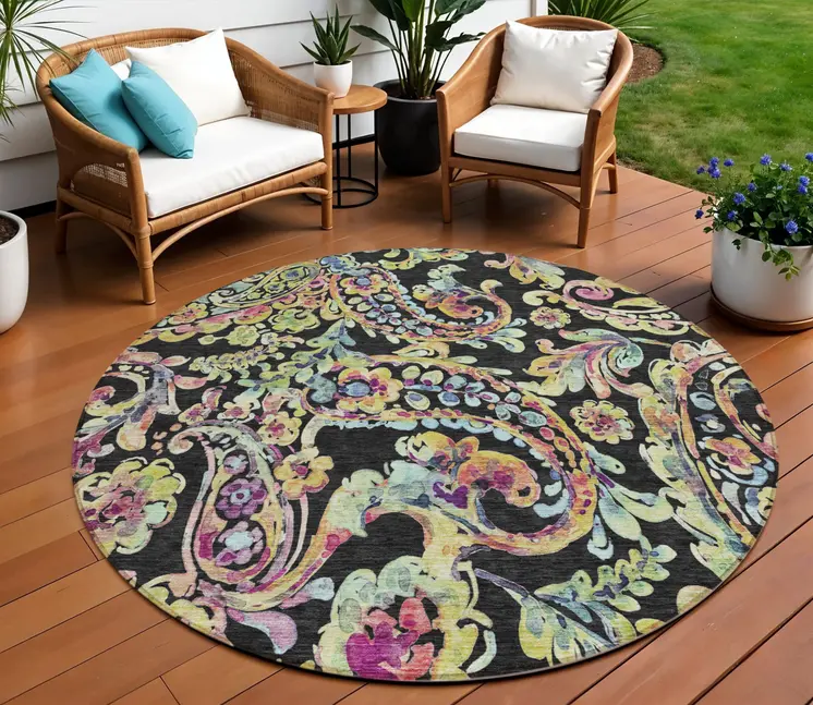 8' Black And Artichoke Green Round Paisley Washable Indoor Outdoor Area Rug