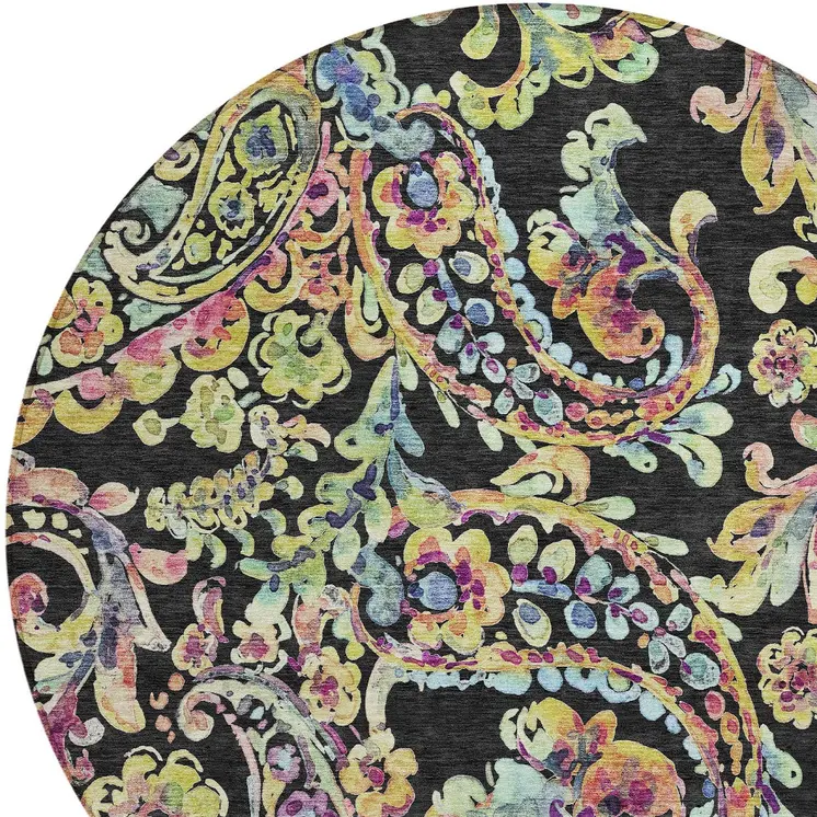 8' Black And Artichoke Green Round Paisley Washable Indoor Outdoor Area Rug
