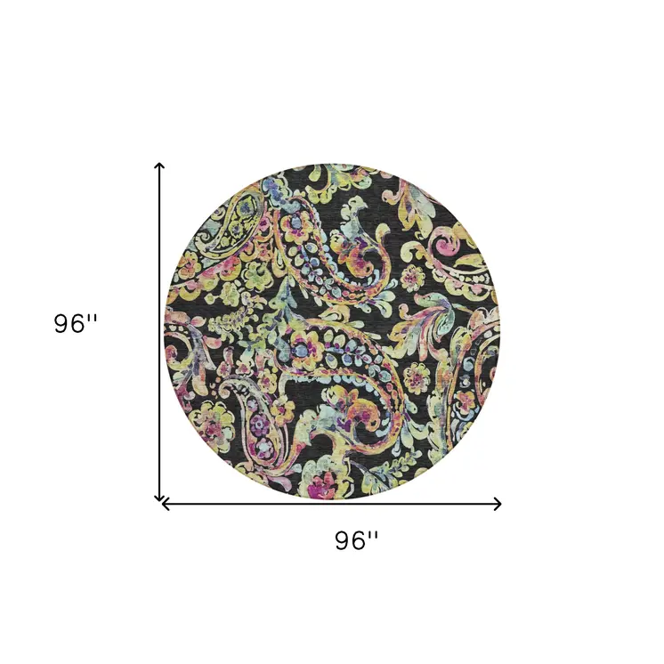 8' Black And Artichoke Green Round Paisley Washable Indoor Outdoor Area Rug