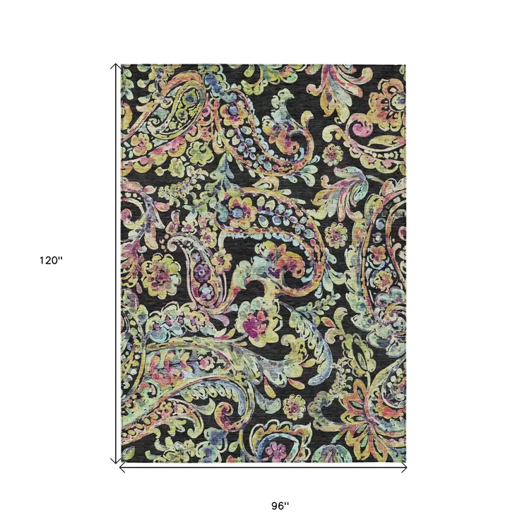 8' X 10' Black And Artichoke Green Paisley Washable Indoor Outdoor Area Rug