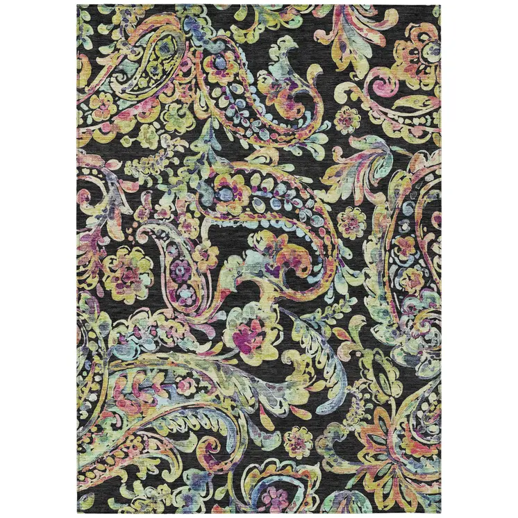 8' X 10' Black And Artichoke Green Paisley Washable Indoor Outdoor Area Rug
