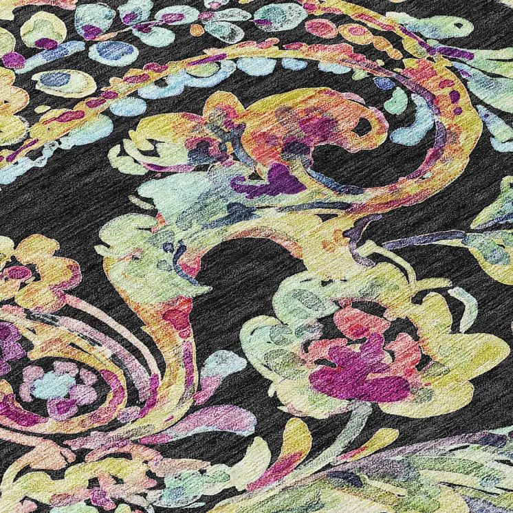 8' X 10' Black And Artichoke Green Paisley Washable Indoor Outdoor Area Rug