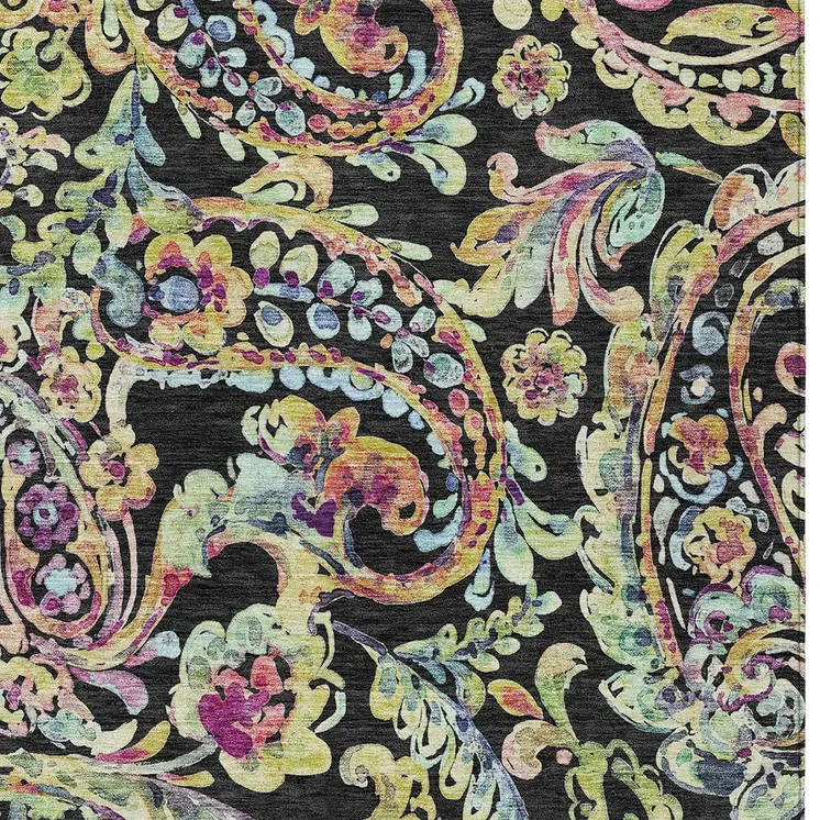 9' X 12' Black And Artichoke Green Paisley Washable Indoor Outdoor Area Rug