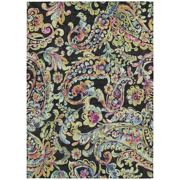 10' X 14' Black And Artichoke Green Paisley Washable Indoor Outdoor Area Rug