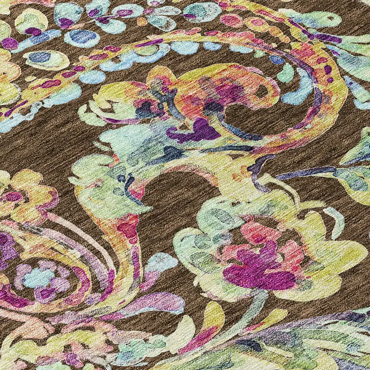 5' X 8' Chocolate And Artichoke Green Paisley Washable Indoor Outdoor Area Rug