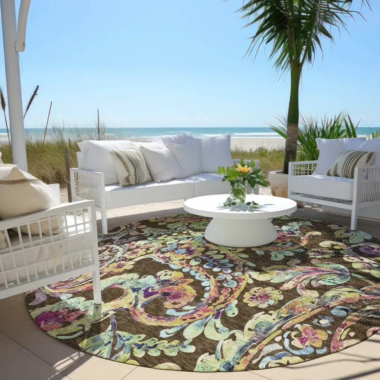 8' Chocolate And Artichoke Green Round Paisley Washable Indoor Outdoor Area Rug