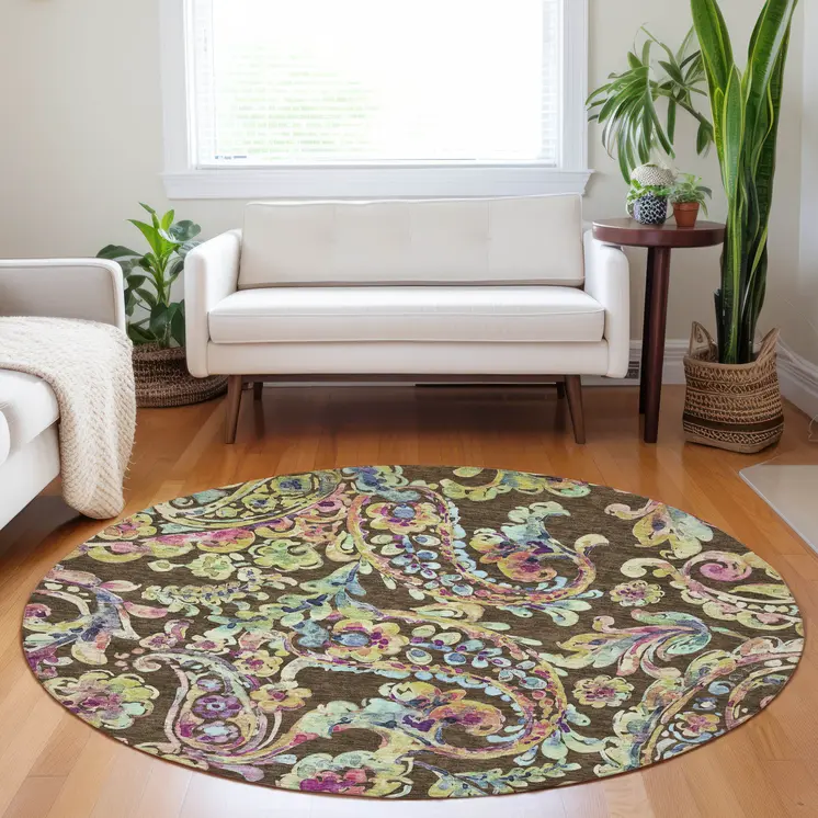 8' Chocolate And Artichoke Green Round Paisley Washable Indoor Outdoor Area Rug