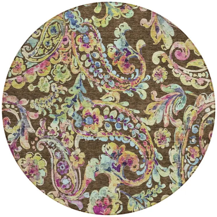 8' Chocolate And Artichoke Green Round Paisley Washable Indoor Outdoor Area Rug
