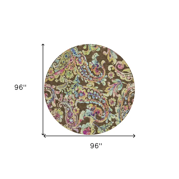 8' Chocolate And Artichoke Green Round Paisley Washable Indoor Outdoor Area Rug