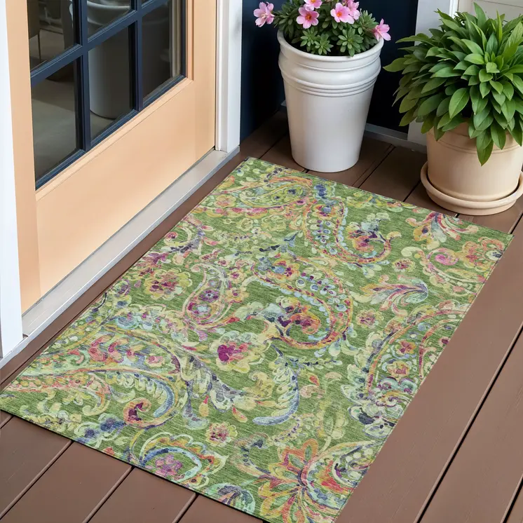 3' X 5' Fern Green And Artichoke Green Paisley Washable Indoor Outdoor Area Rug