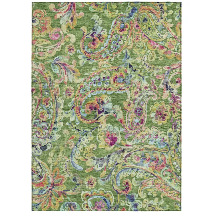 5' X 8' Fern Green And Artichoke Green Paisley Washable Indoor Outdoor Area Rug