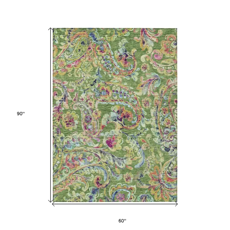 5' X 8' Fern Green And Artichoke Green Paisley Washable Indoor Outdoor Area Rug