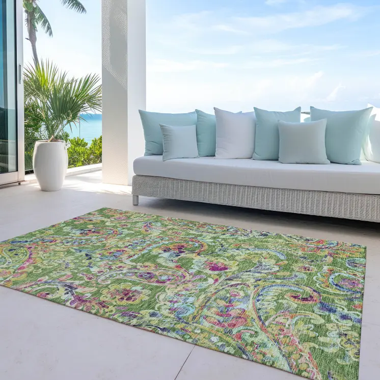 5' X 8' Fern Green And Artichoke Green Paisley Washable Indoor Outdoor Area Rug
