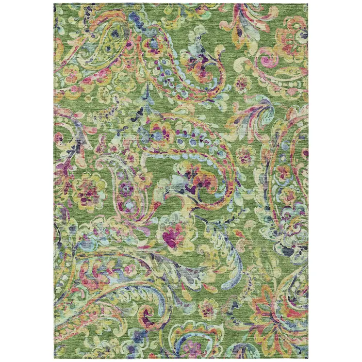 5' X 8' Fern Green And Artichoke Green Paisley Washable Indoor Outdoor Area Rug