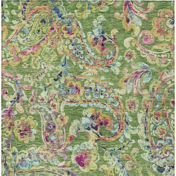 5' X 8' Fern Green And Artichoke Green Paisley Washable Indoor Outdoor Area Rug