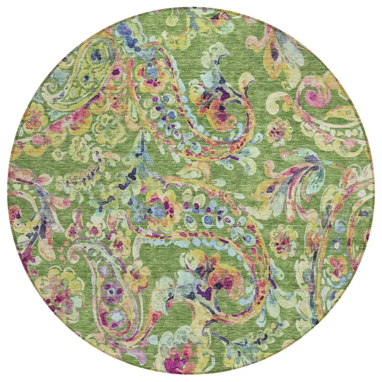 8' Fern Green And Artichoke Green Round Paisley Washable Indoor Outdoor Area Rug