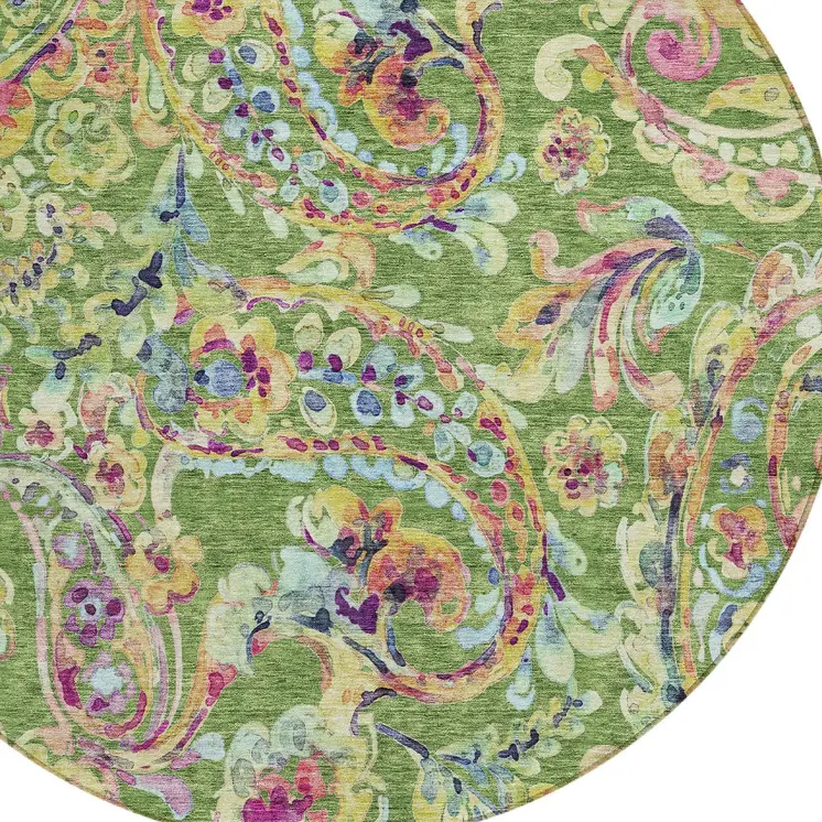 8' Fern Green And Artichoke Green Round Paisley Washable Indoor Outdoor Area Rug