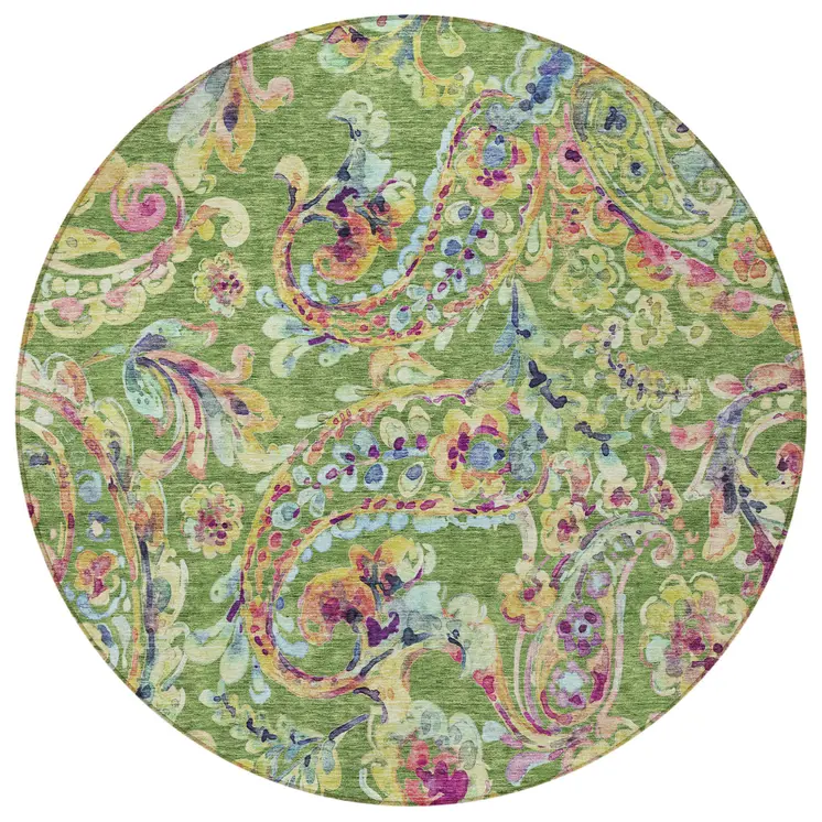 8' Fern Green And Artichoke Green Round Paisley Washable Indoor Outdoor Area Rug